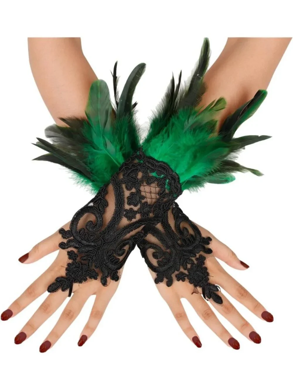 Gothic Black Lace Feather Long Gloves - Women's Halloween Witch Costume